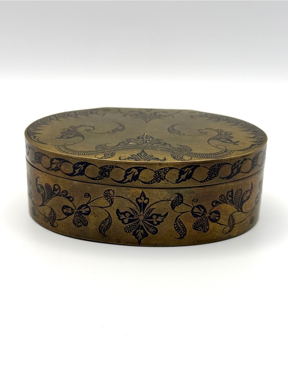 Brass Etched Enamel Meena Work Trinket Box Vintage